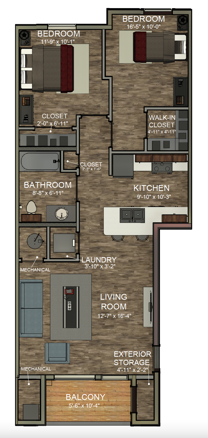 Floor plan for 2 beds, 1 bath, 849 sqft